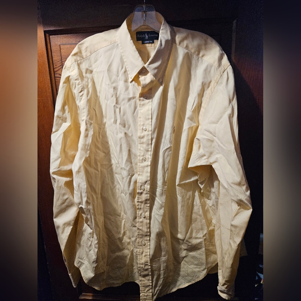 Ralph Lauren Men's Pale Yellow Button-Down Dress Shirt (Has Wear/Staining)